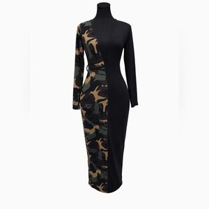 Codigo Camo/Black Colorblock Bodycon Midi Dress, ARMY GREEN, Stretchy – Size S